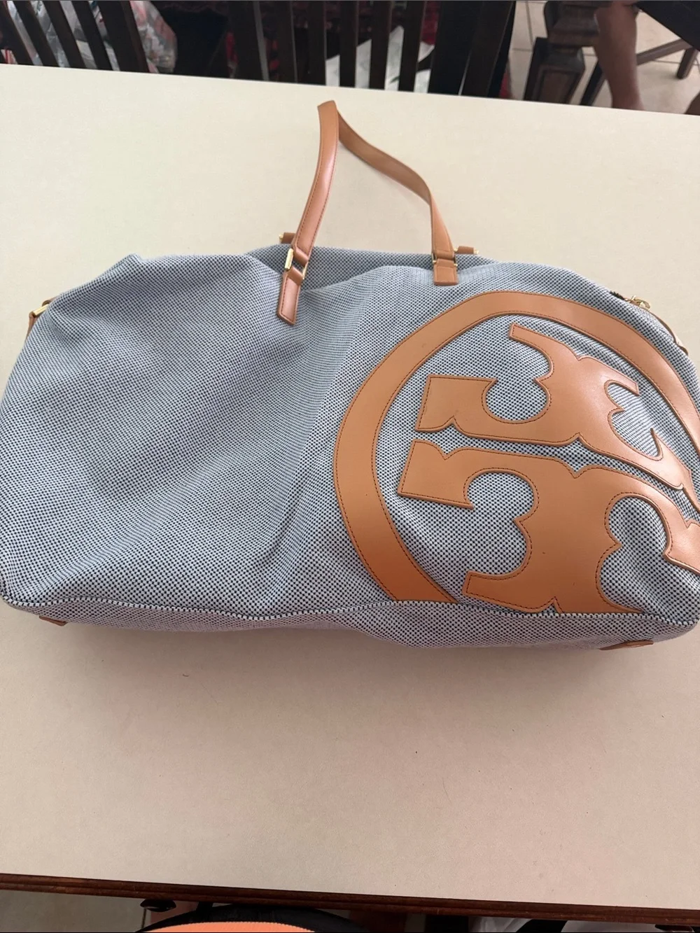 Tory Burch Light Blue Canvas Weekender with Tan Leather Logo